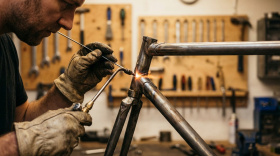 Мастер сваривает стальную раму велосипеда в мастерской - традиционный процесс изготовления рам из стали
Мастер сваривает стальную раму велосипеда в мастерской - традиционный процесс изготовления рам из стали